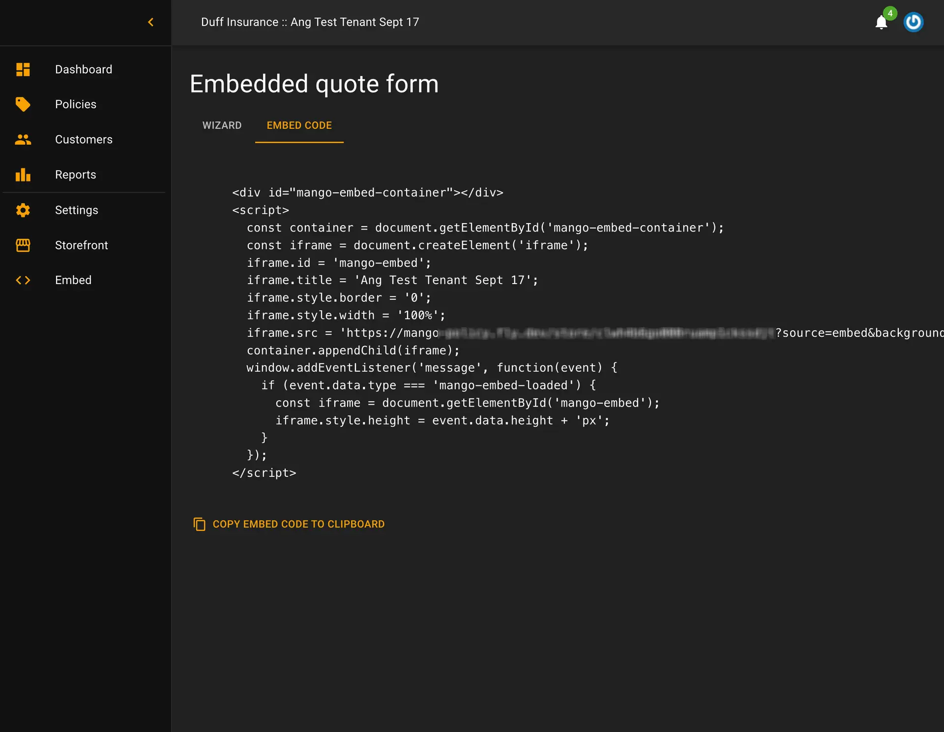 Sample Screen capture of Mango Policy Embed Code