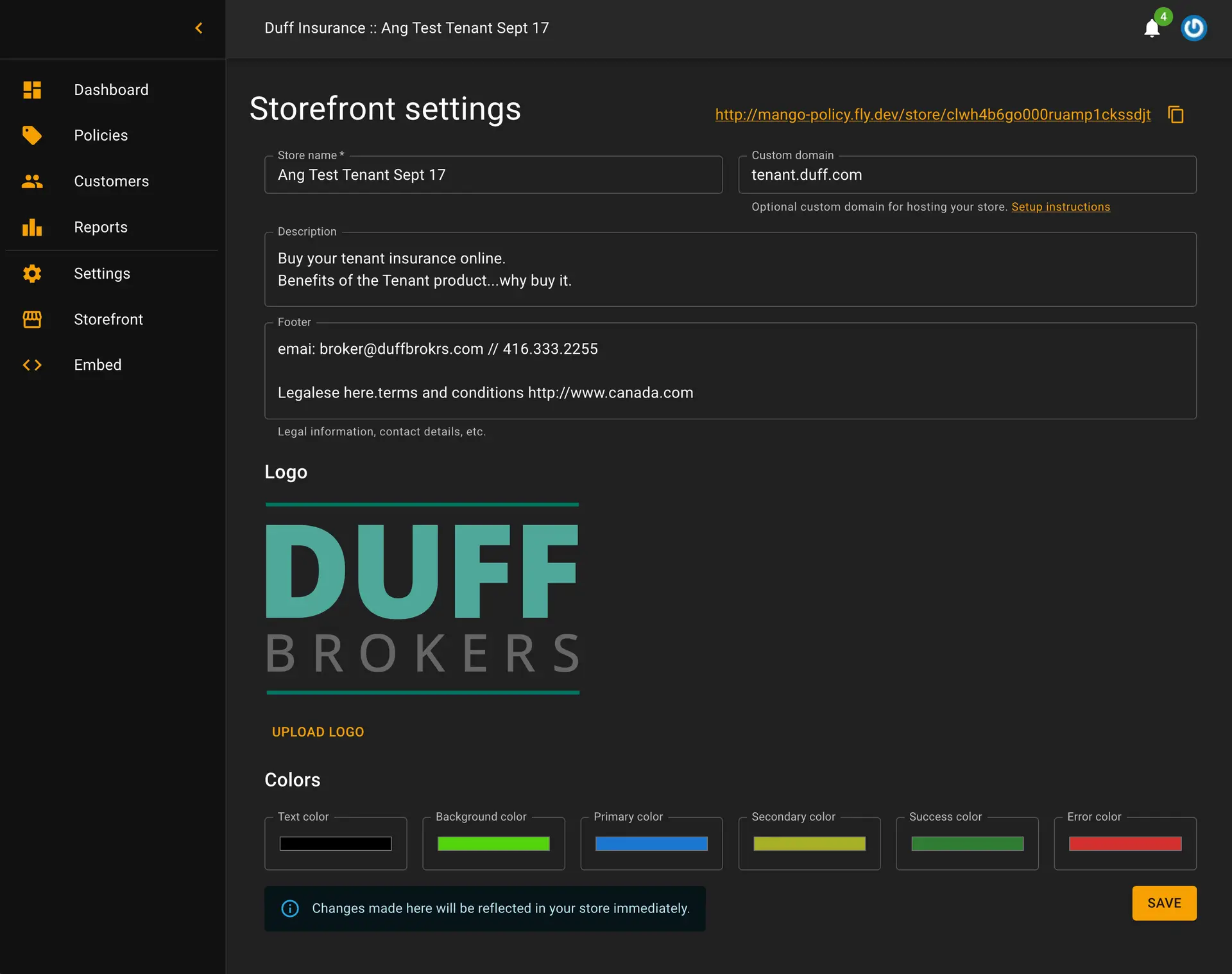 Sample Screen capture of Mango Policy Storefront